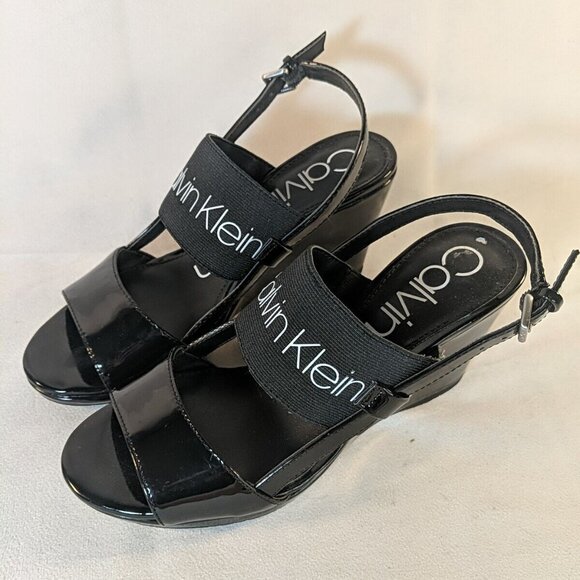 Calvin Klein BETHAN Black Strap Logo Heels 7.5 Black Wedge Patent 34E09131 Sling - Picture 2 of 12